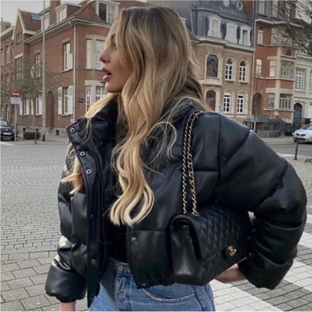 Zara faux leather black puffer jacket women’s size Small